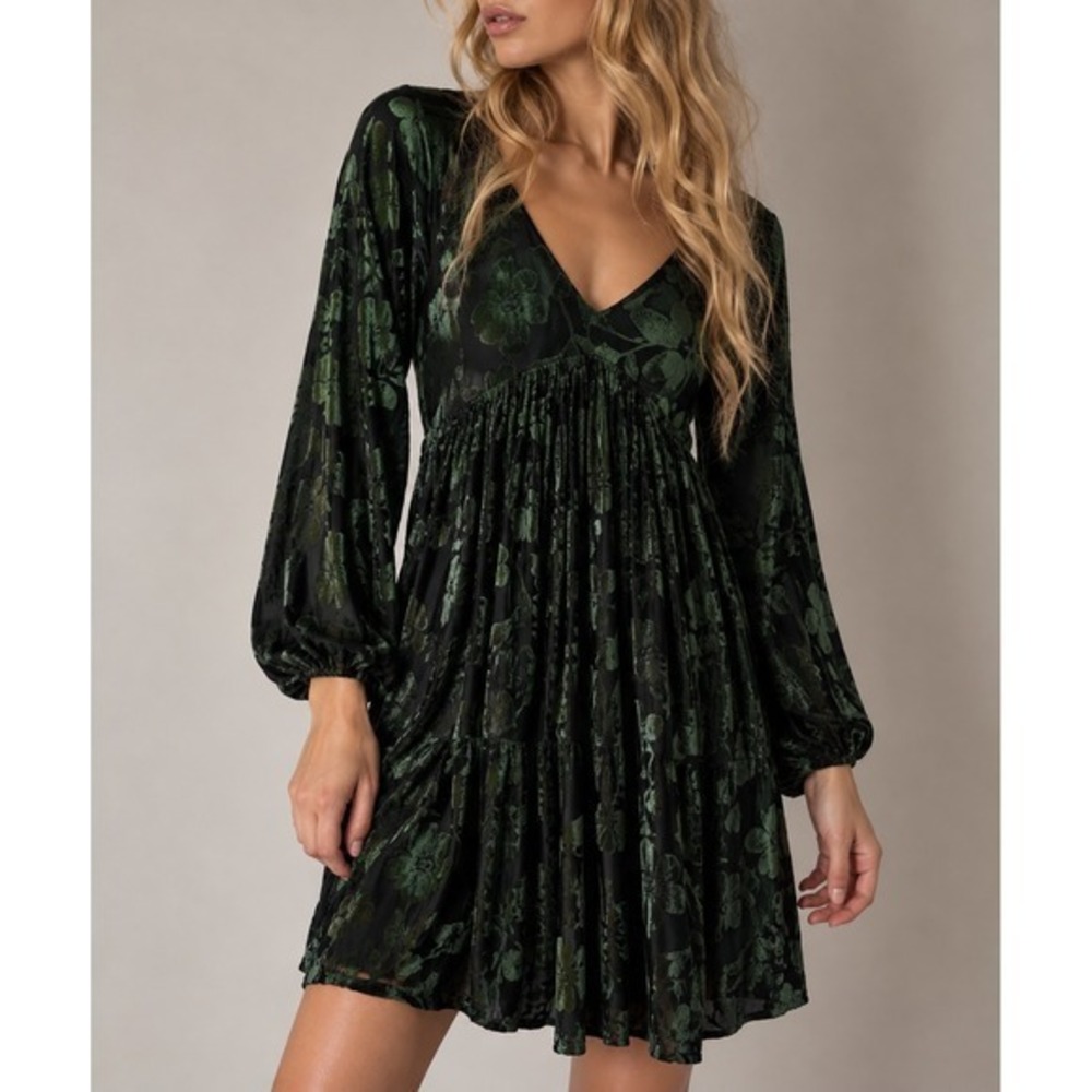 Taylor Emerald Green Floral Burnout Velvet Mini Dress Whimsigoth Witchy